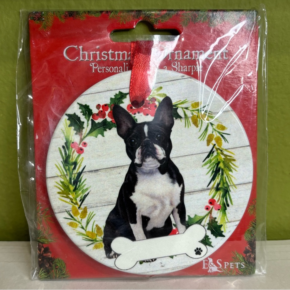 E&S Pets Boston Terrier Dog Ceramic Christmas Ornament